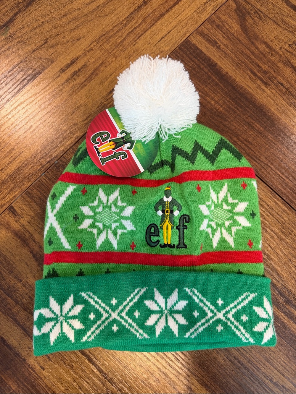 ELF Festive Green Knit Beanie with White Pom and Red Trim